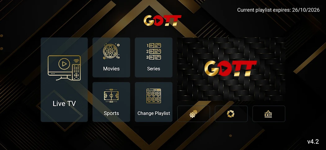 GOTT IPTV application interface showing Live TV, Movies, Series and Sports